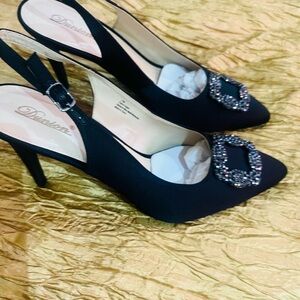 Black Slingback Heels with Embellished Buckle and rhinestones